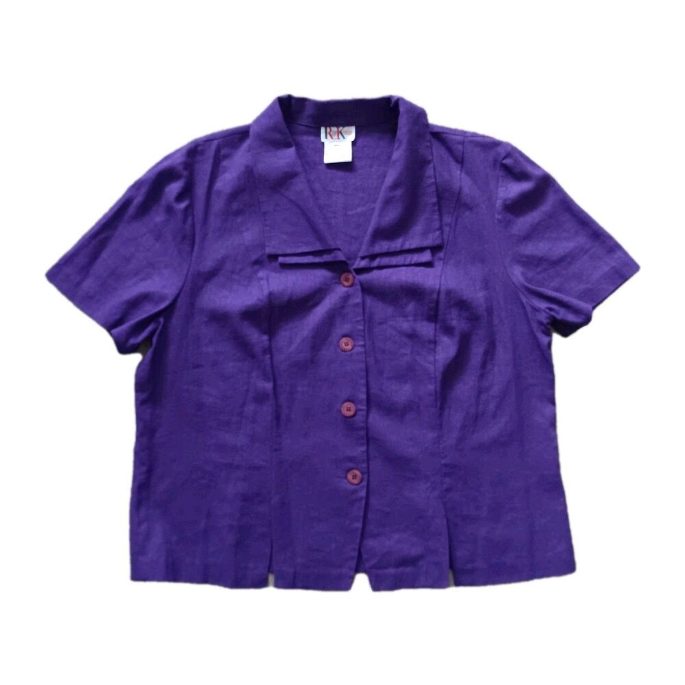 Vintage R & K Top Women Plus Sz 20 Purple Linen Blend Button Front Career Casual